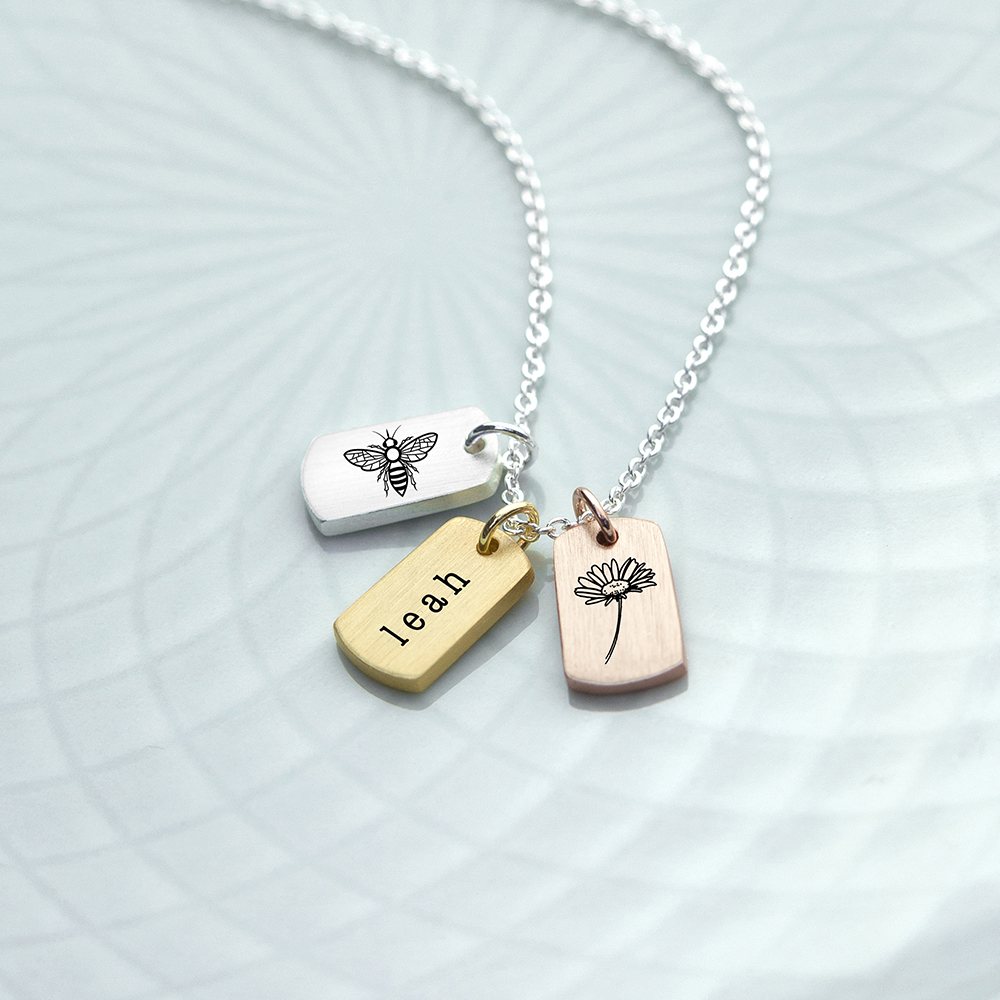 Personalised Bee and Flower Mini Tag Necklace Personalised Bee and Flower Mini Tag Necklace