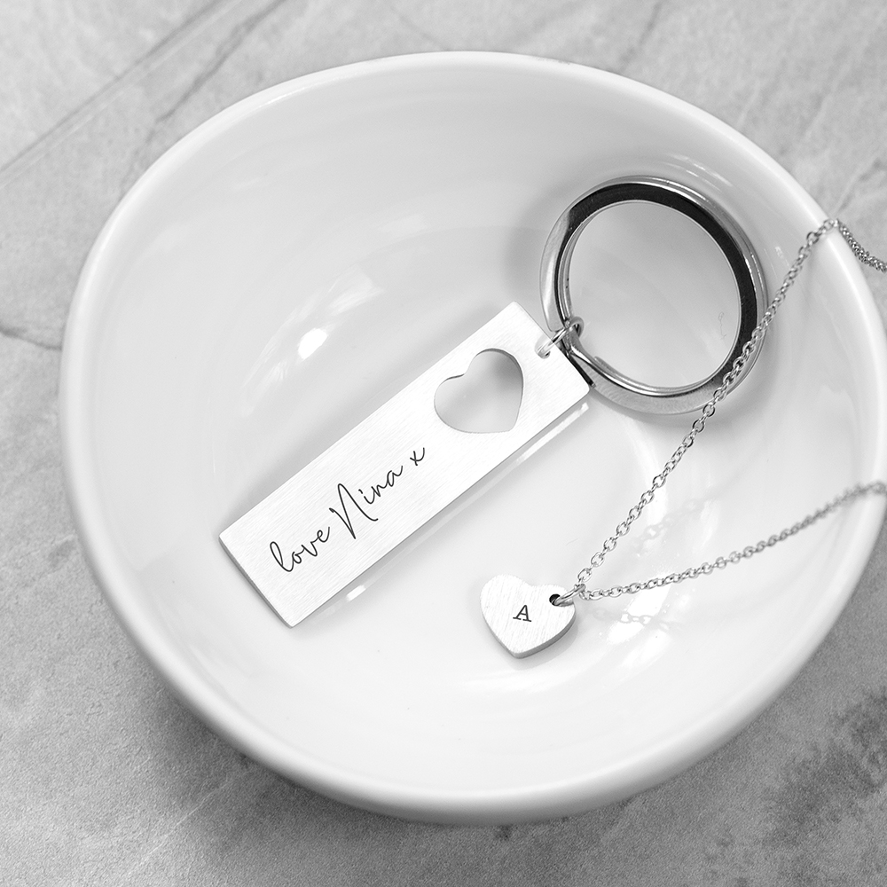 Personalised Love Heart Necklace & Keyring Set Personalised Love Heart Necklace & Keyring Set