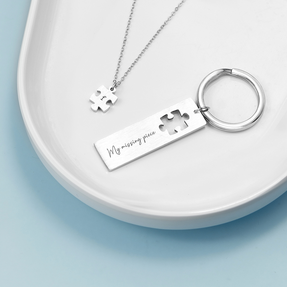Personalised Perfect Fit Puzzle Piece Necklace & Keyring Set Personalised Perfect Fit Puzzle Piece Necklace & Keyring Set