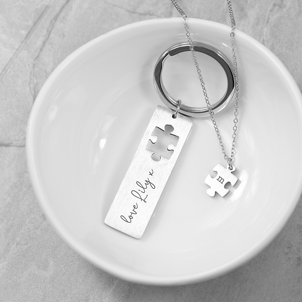 Personalised Perfect Fit Puzzle Piece Necklace & Keyring Set Personalised Perfect Fit Puzzle Piece Necklace & Keyring Set