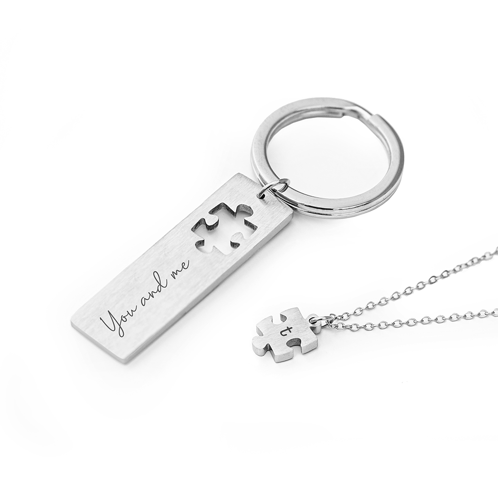 Personalised Perfect Fit Puzzle Piece Necklace & Keyring Set Personalised Perfect Fit Puzzle Piece Necklace & Keyring Set