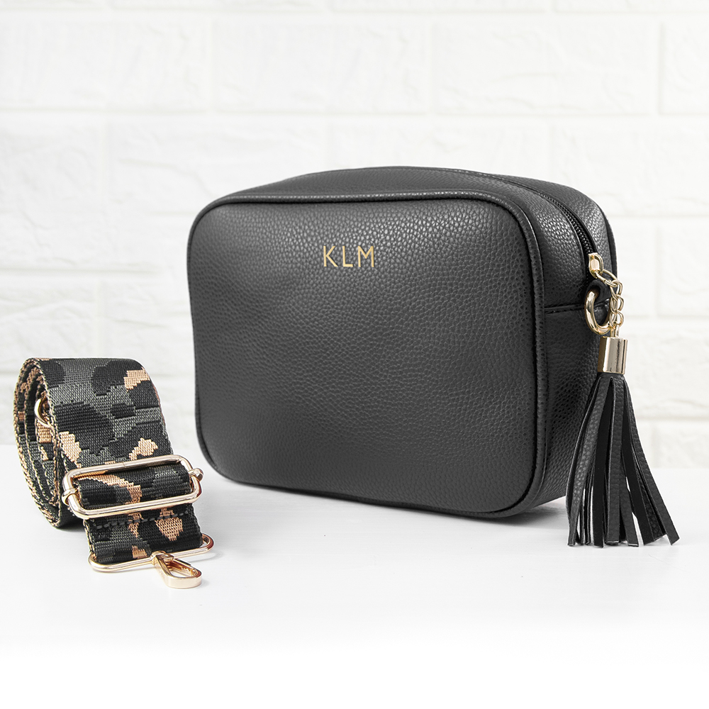 Personalised Vegan Leather Crossbody Bag in Black Personalised Vegan Leather Crossbody Bag in Black
