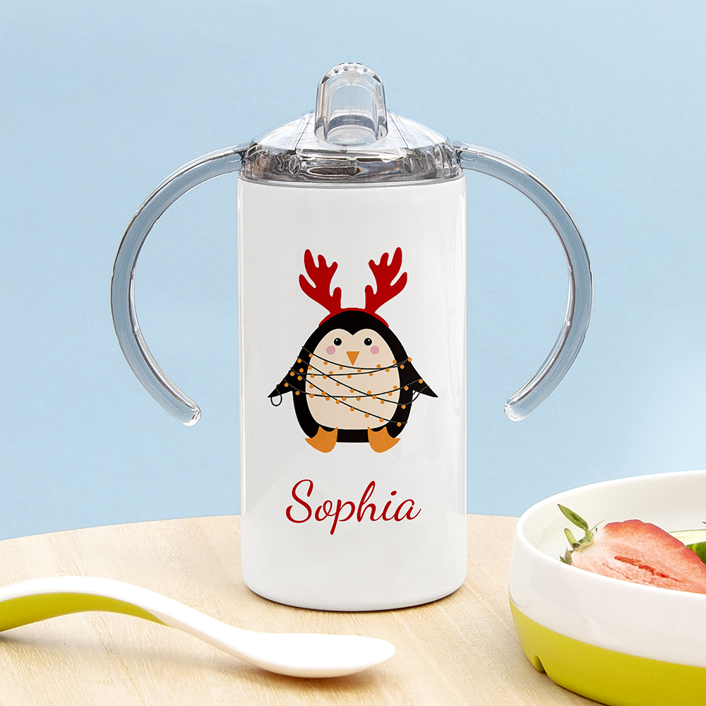 Personalised Christmas Penguin Kids Sippy Cup Personalised Christmas Penguin Kids Sippy Cup