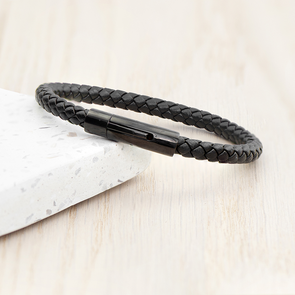 Personalised Mens Woven Black Leather Bracelet Personalised Mens Woven Black Leather Bracelet