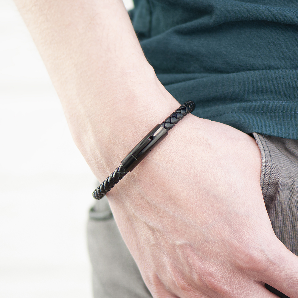 Personalised Mens Woven Black Leather Bracelet Personalised Mens Woven Black Leather Bracelet