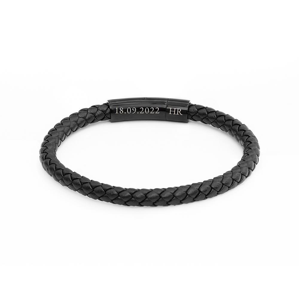 Personalised Mens Woven Black Leather Bracelet Personalised Mens Woven Black Leather Bracelet