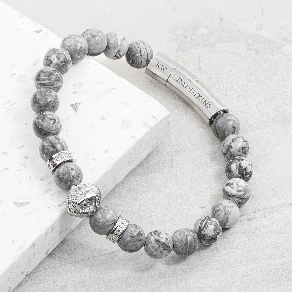 Personalised Men's Silver Lion Jasper Stone Bracelet