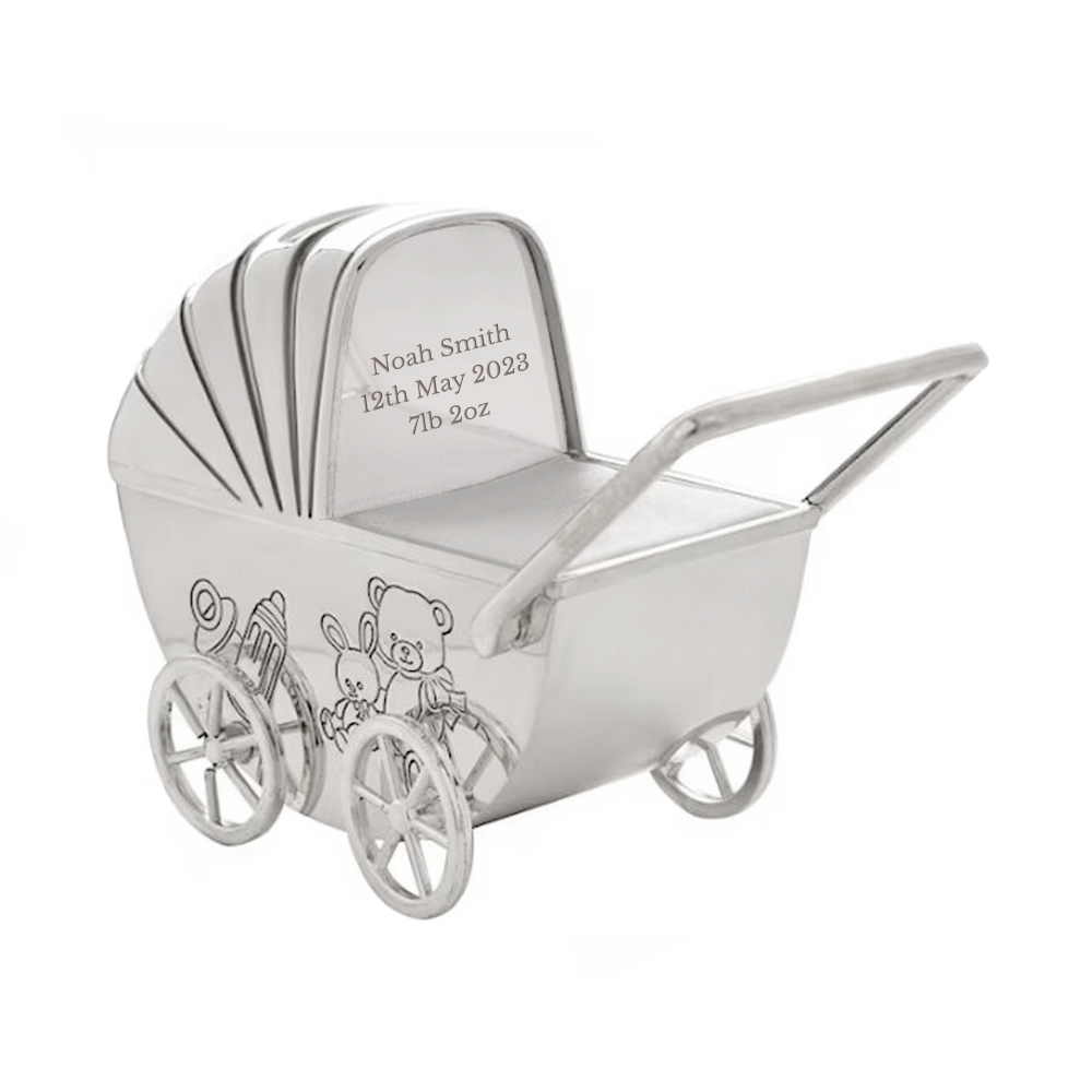 Personalised Silver Plated Pram Money Box Personalised Silver Plated Pram Money Box