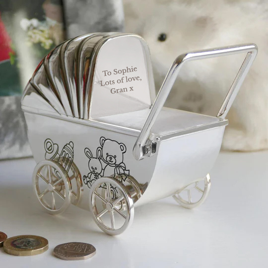 Personalised Silver Plated Pram Money Box Personalised Silver Plated Pram Money Box