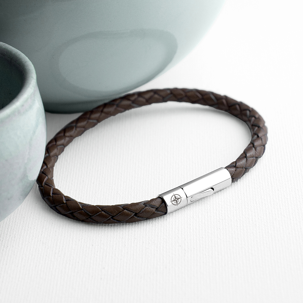 Personalised Men's Travel Compass Capsule Leather Bracelet