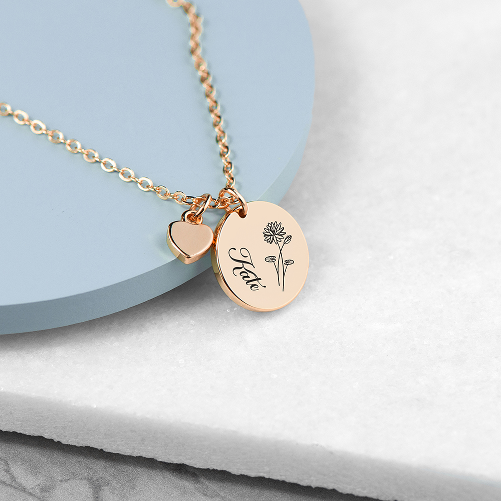Personalised Birth Flower Heart and Disc Necklace Personalised Birth Flower Heart and Disc Necklace