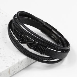 Personalised Men’s Infinity Black Leather Stacked Bracelet Personalised Men's Infinity Black Leather Stacked Bracelet