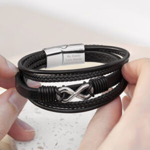 Personalised Men’s Silver Infinity Black Leather Stacked Bracelet Personalised Men's Silver Infinity Black Leather Stacked Bracelet