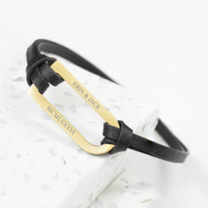 Personalised Men’s Shoreditch Gold Bar Black Leather Bracelet Personalised Men's Shoreditch Gold Bar Black Leather Bracelet