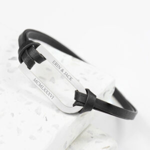 Personalised Men’s Shoreditch Silver Bar Black Leather Bracelet Personalised Men's Shoreditch Silver Bar Black Leather Bracelet
