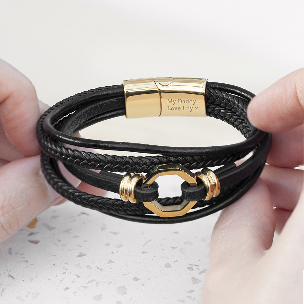 Personalised Men’s Mayfair Leather Bracelet in Gold Personalised Men's Mayfair Leather Bracelet in Gold