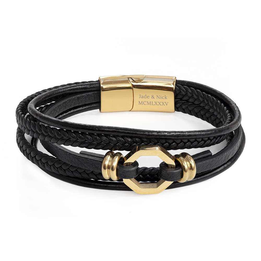 Personalised Men’s Mayfair Leather Bracelet in Gold Personalised Men's Mayfair Leather Bracelet in Gold
