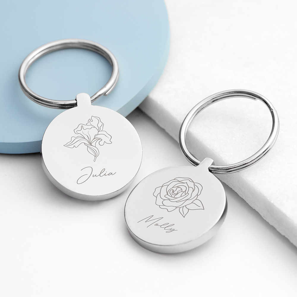 Personalised Round Birth Flower Keyring Personalised Round Birth Flower Keyring