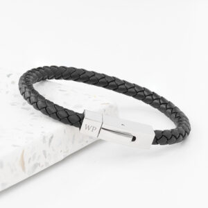 Personalised Men’s Black Leather Bracelet with Tube Clasp Personalised Men's Black Leather Bracelet with Tube Clasp