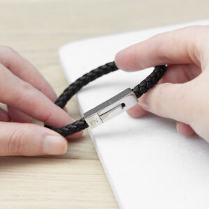 Personalised Men’s Black Leather Bracelet with Tube Clasp Personalised Men's Black Leather Bracelet with Tube Clasp