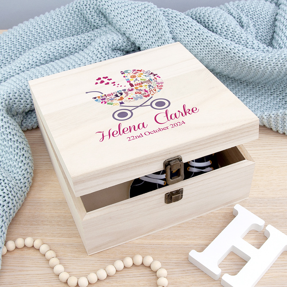 Personalised Pram Baby Girl Memory Box – Medium Personalised Pram Baby Girl Memory Box - Medium