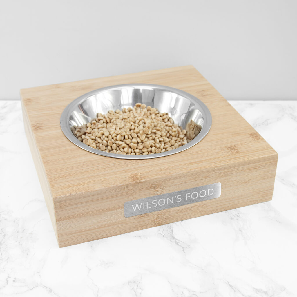 Personalised Bamboo Pet Bowl with Metal Tag