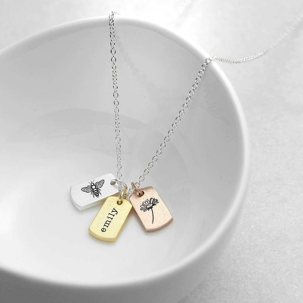 Personalised Bee and Flower Mini Tag Necklace Personalised Bee and Flower Mini Tag Necklace