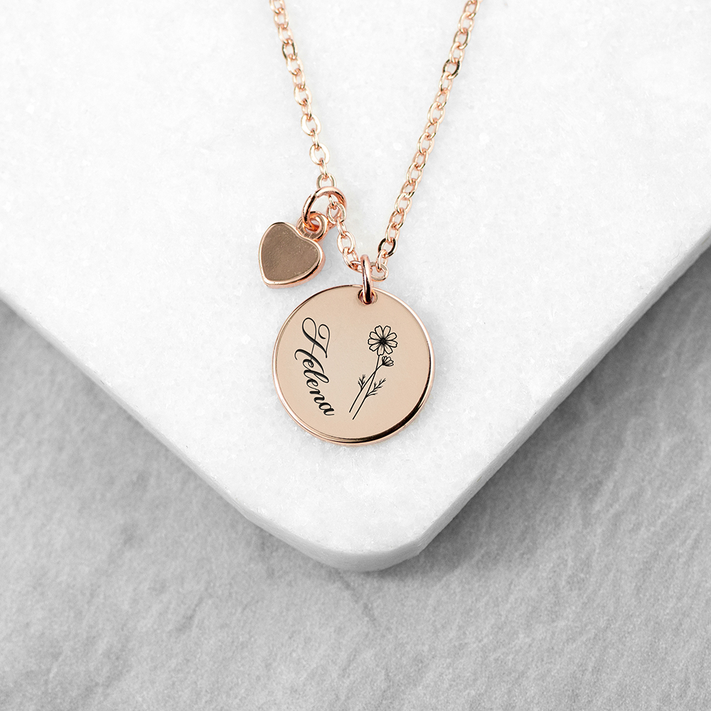 Personalised Birth Flower Heart and Disc Necklace Personalised Birth Flower Heart and Disc Necklace