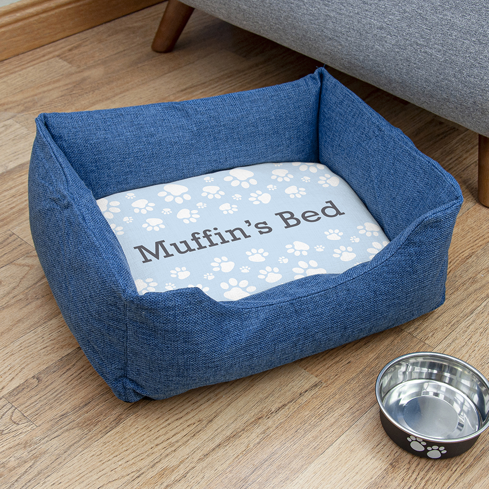 Personalised Blue Comfort Dog Bed with Blue Paw Print Design