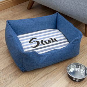 Personalised Blue Comfort Dog Bed with Blue Striped Design Personalised Blue Comfort Dog Bed with Blue Striped Design