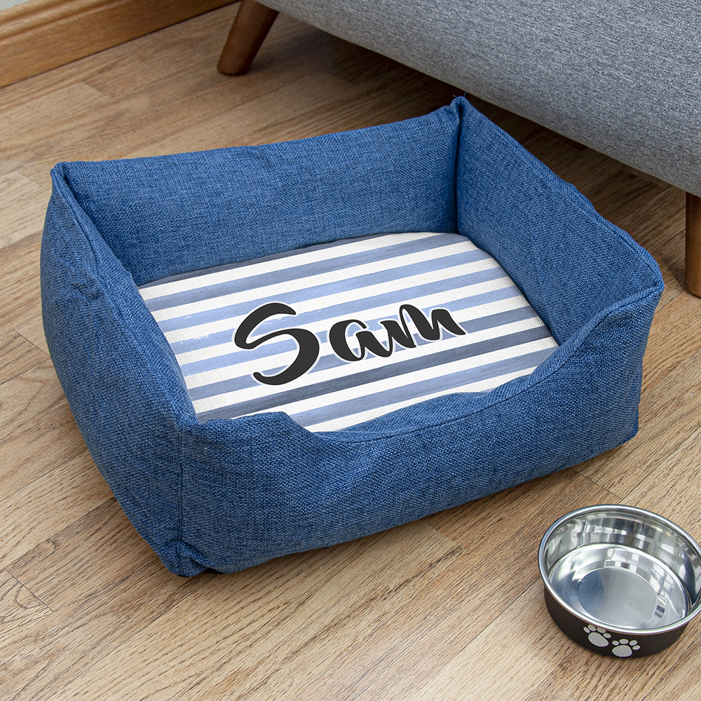 Personalised Blue Comfort Dog Bed with Blue Striped Design Personalised Blue Comfort Dog Bed with Blue Striped Design