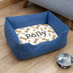 Personalised Blue Comfort Dog Bed with Dog Biscuit Design