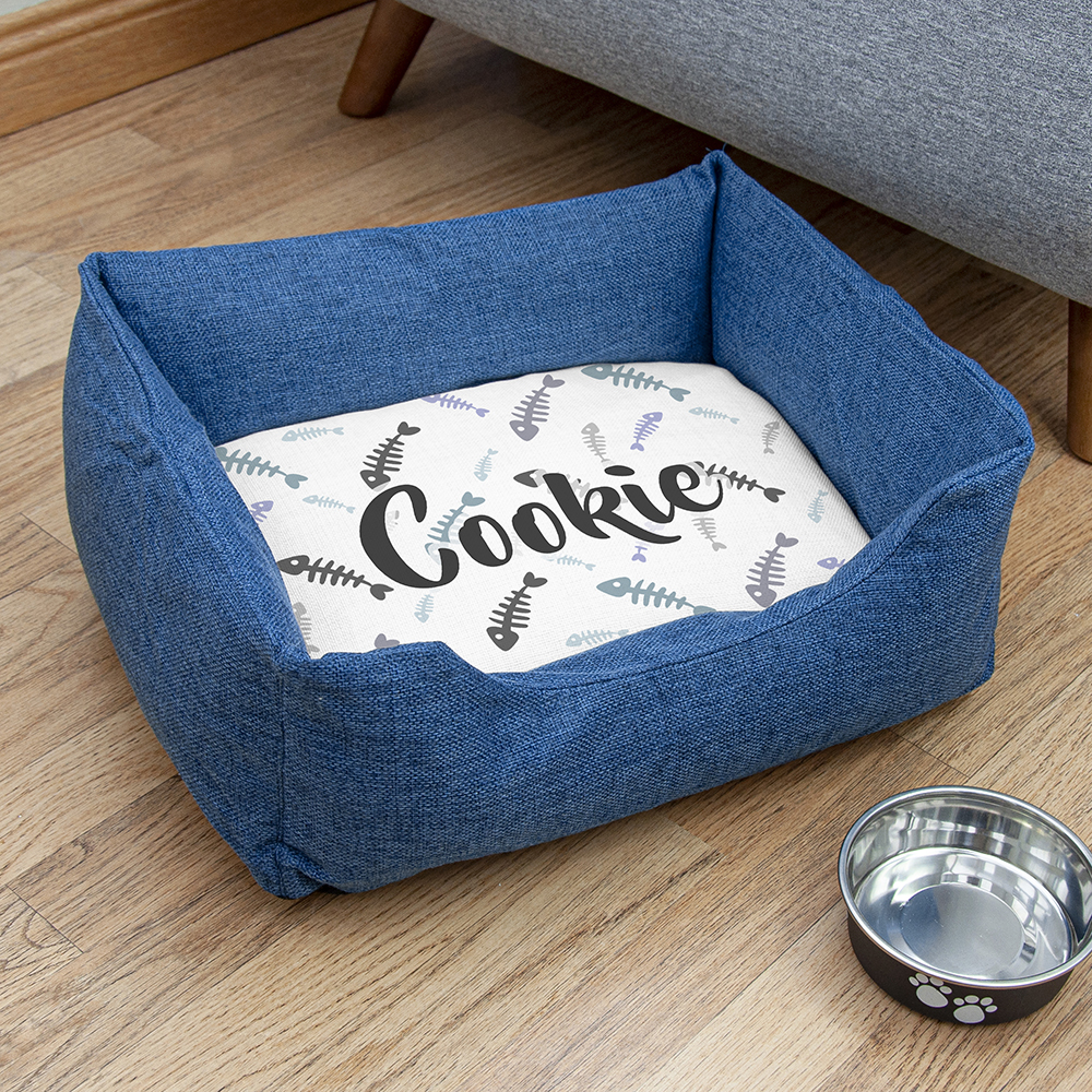 Personalised Blue Comfort Dog Bed with Fish Bone Design Personalised Blue Comfort Dog Bed with Fish Bone Design