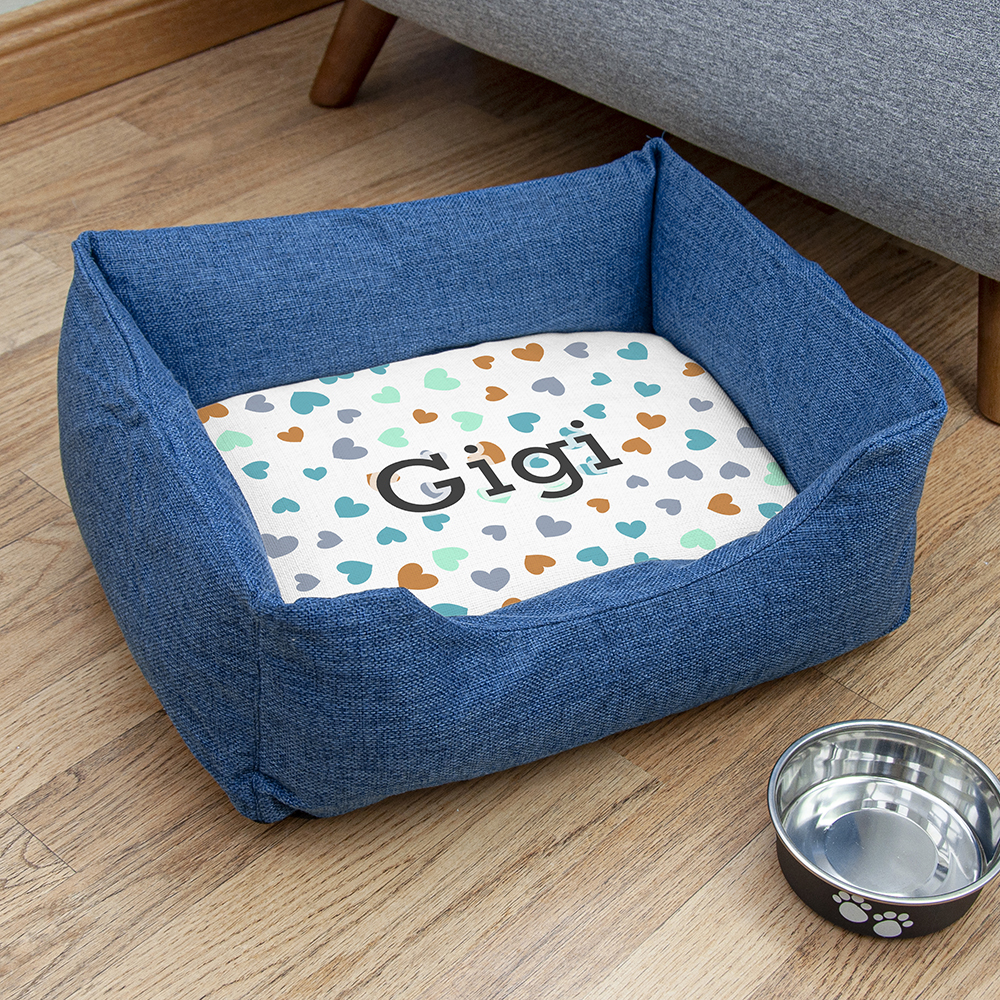 Personalised Blue Comfort Dog Bed with Hearts Design