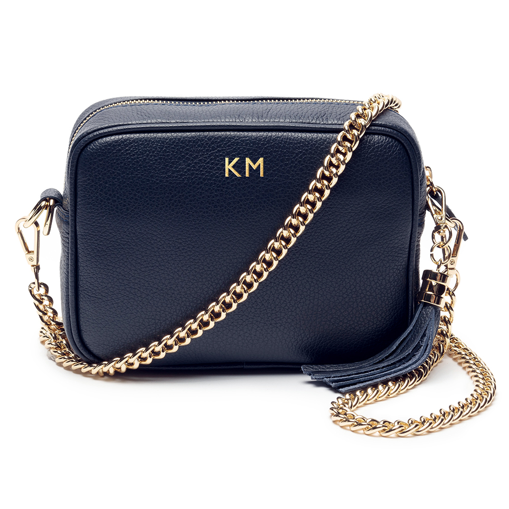 Personalised Elie Beaumont Navy Bag with Gold Chain Strap Personalised Elie Beaumont Navy Bag with Gold Chain Strap