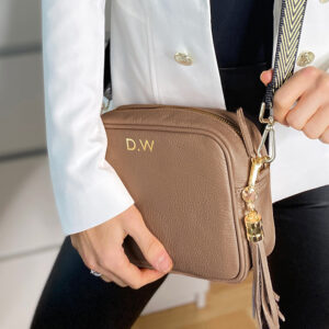 Personalised Elie Beaumont Taupe Bag with Gold Chevron Strap