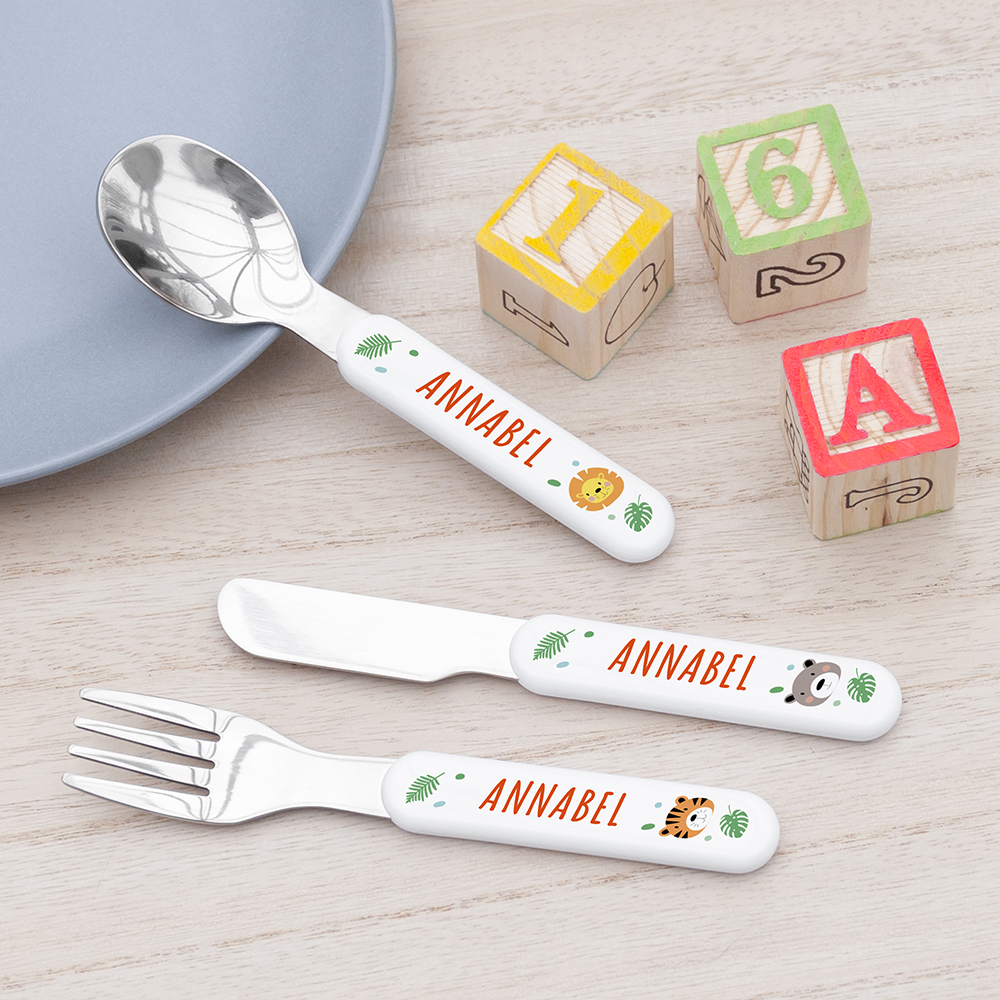 Personalised Kids Jungle Animal Cutlery Set – Metal Personalised Kids Jungle Animal Cutlery Set - Metal