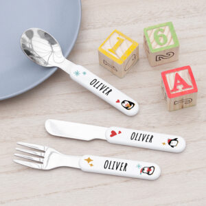 Personalised Kids Winter Penguin Cutlery Set – Metal Personalised Kids Winter Penguin Cutlery Set - Metal