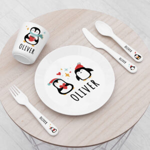 Personalised Kids Winter Penguin Plastic Dining Set Personalised Kids Winter Penguin Plastic Dining Set