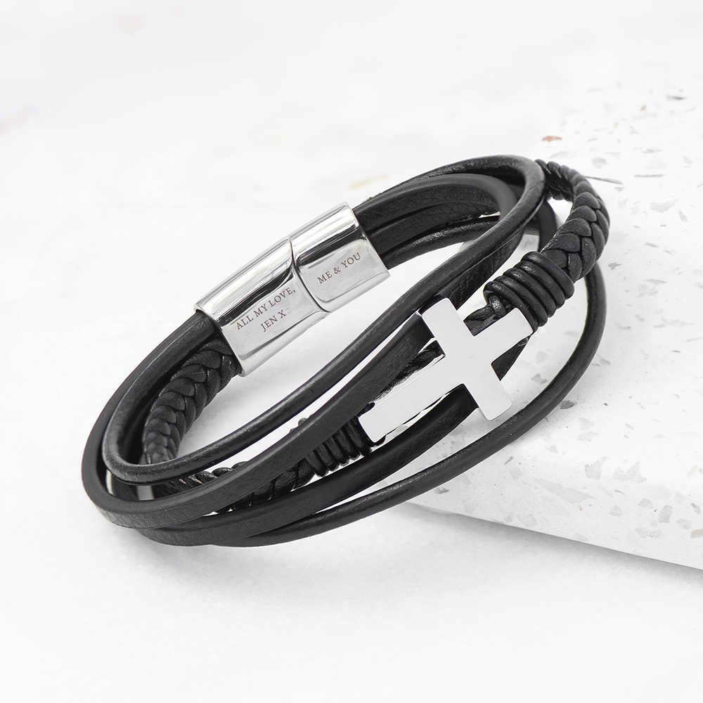 Personalised Men’s Cross Black Leather Stacked Bracelet Personalised Men's Cross Black Leather Stacked Bracelet