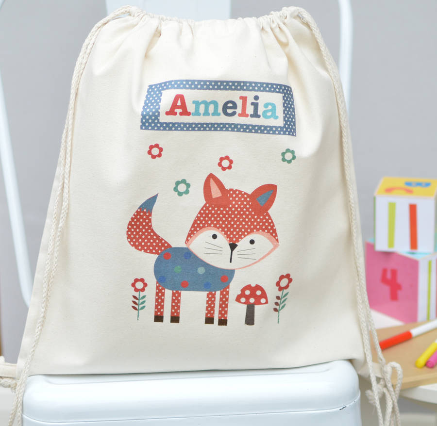 Personalised Playful Fox Cotton Nursery Bag Personalised Playful Fox Cotton Nursery Bag