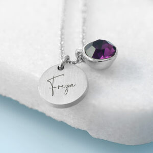 Personalised Silver Birthstone Crystal and Disc Necklace