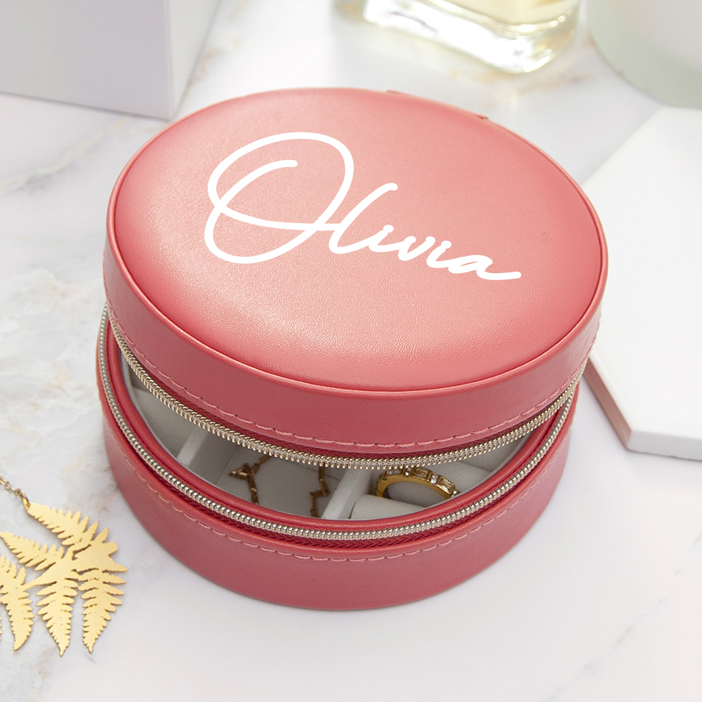 Personalised Coral Round Jewellery Case Personalised Treat Republic Coral Round Jewellery Case
