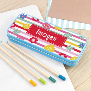 Personalised Girl's Patterned Blue Pencil Case Tin
