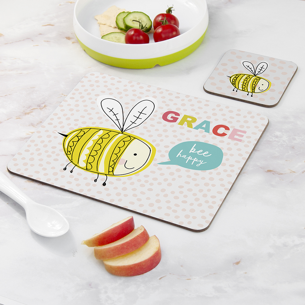 Personalised Kid’s Bee Happy Placemat Set Personalised Kid's Bee Happy Placemat Set