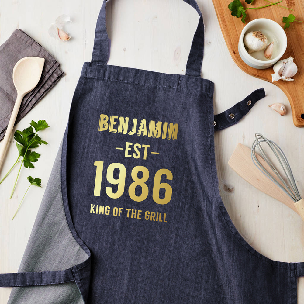 Personalised Blue Denim Established Year Apron Personalised Blue Denim Established Year Apron