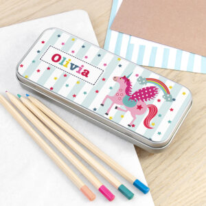 Personalised Girl’s Unicorn Pencil Case Tin Personalised Girl's Unicorn Pencil Case Tin