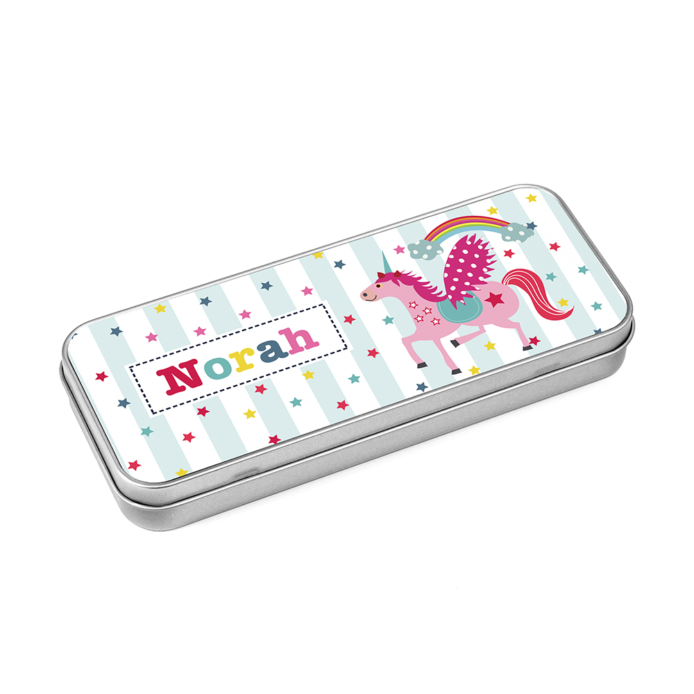 Personalised Girl’s Unicorn Pencil Case Tin Personalised Girl's Unicorn Pencil Case Tin